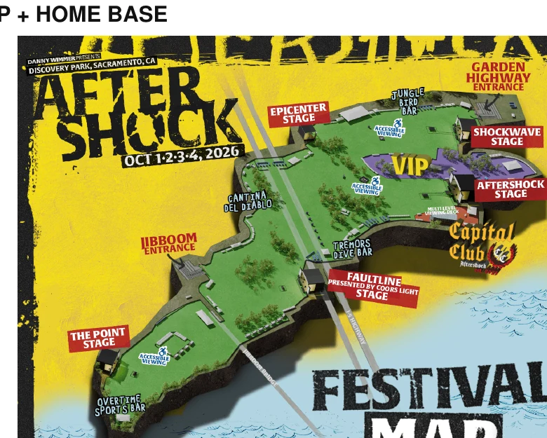 Aftershock festival map with five interactive stages and VIP home base